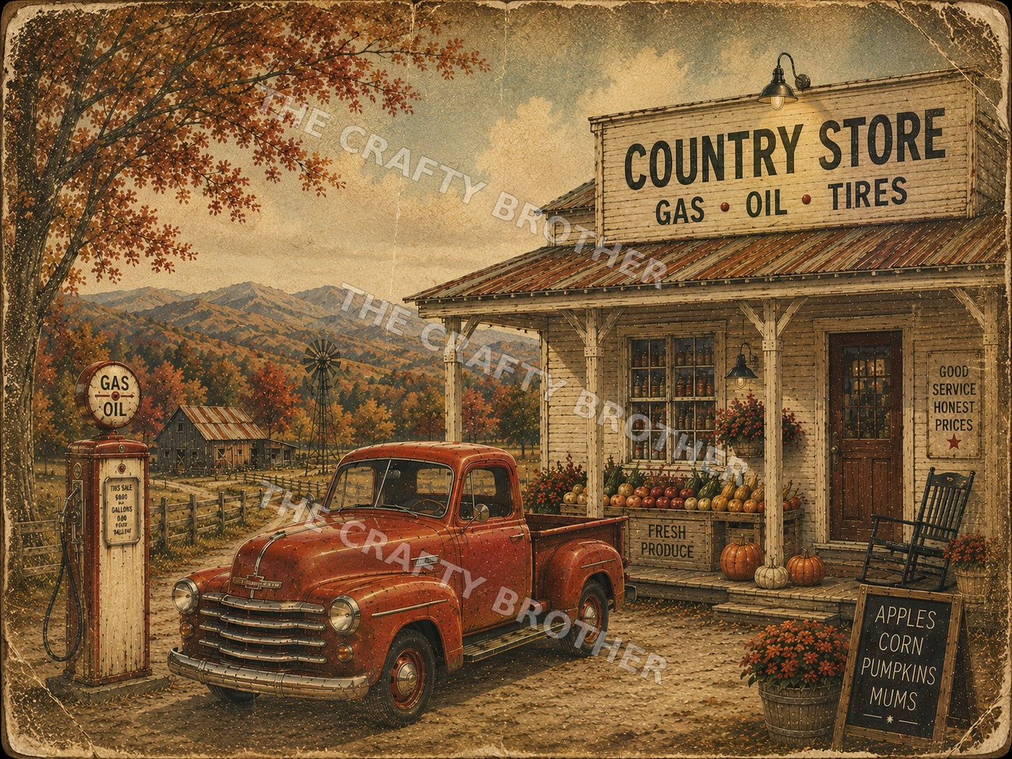 Vintage autumn country store with red pickup truck, old gas pump, mountains and pumpkins