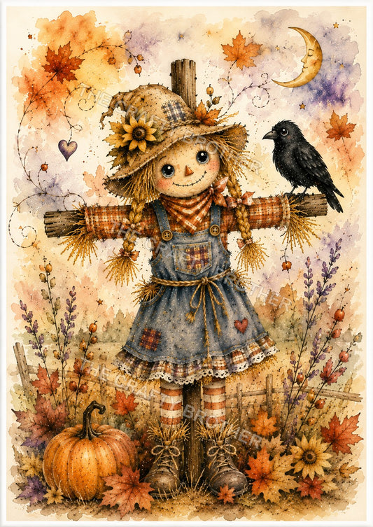 Whimsical girl scarecrow with braids, black crow, crescent moon, pumpkin and autumn leaves