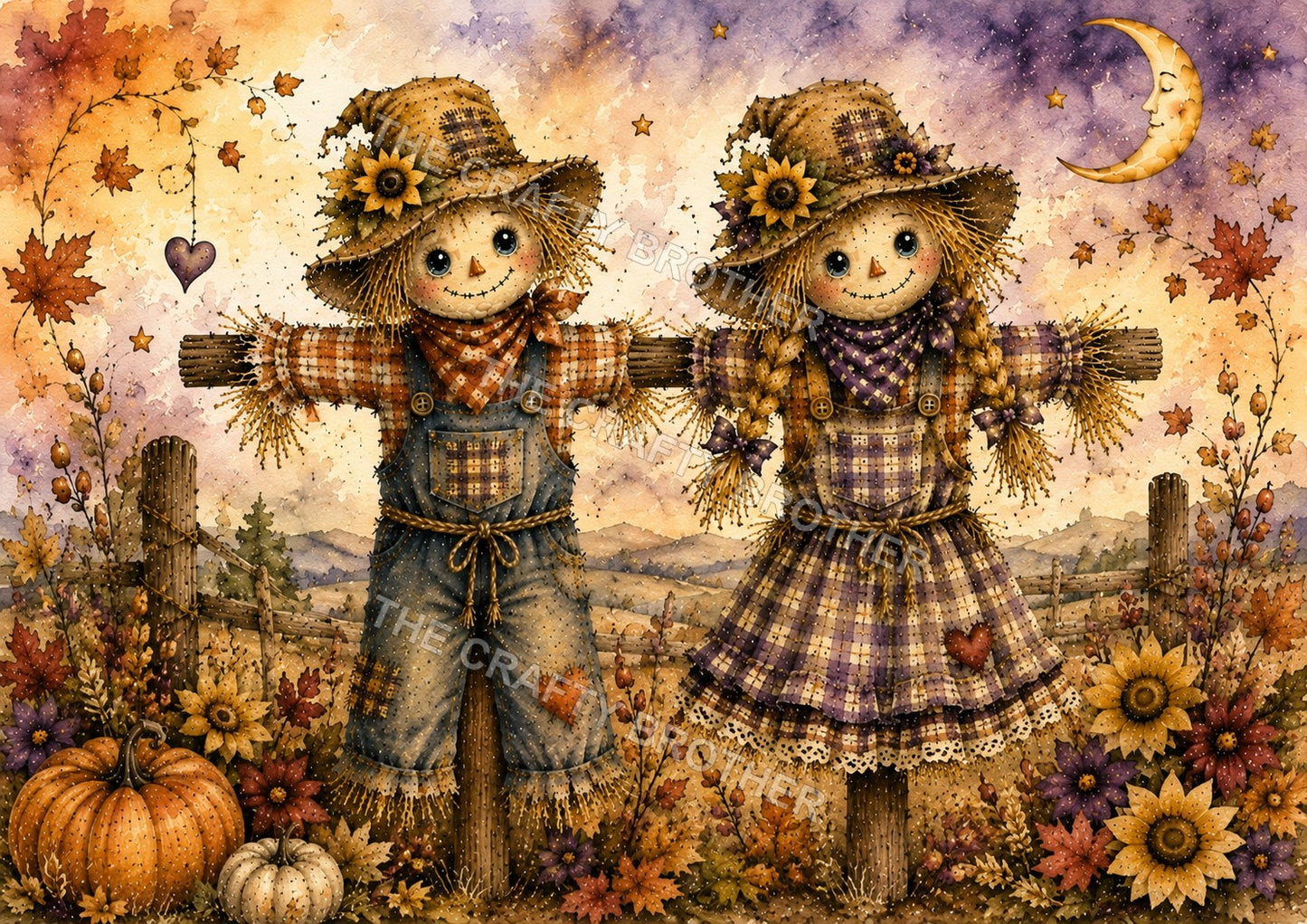 Whimsical autumn scarecrow couple with pumpkins, sunflowers, crescent moon and fall landscape