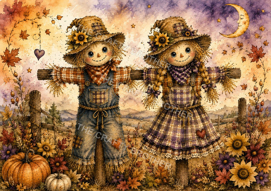 Whimsical autumn scarecrow couple with pumpkins, sunflowers, crescent moon and fall landscape
