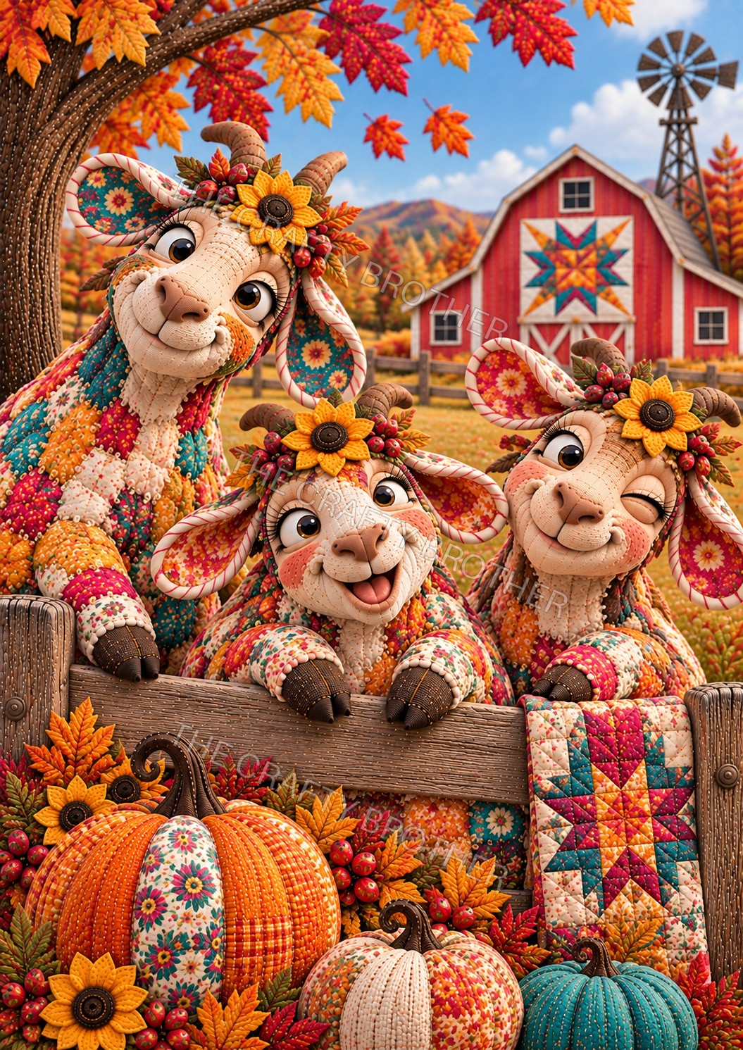 Three playful goats with floral patchwork coats, sunflowers, pumpkins, and a red quilt barn. Watermarked artwork preview.
