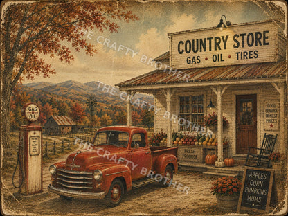 Vintage autumn country store with red pickup truck, old gas pump, mountains and pumpkins
