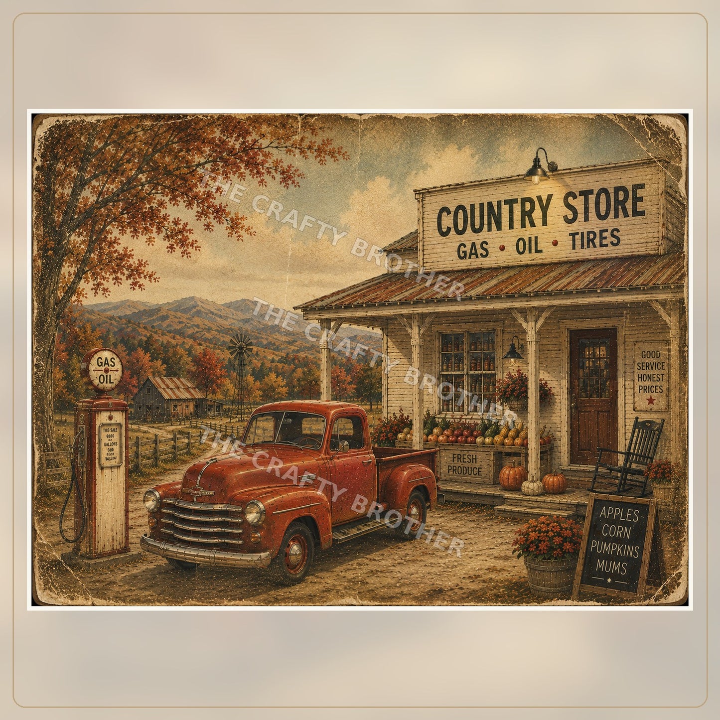 Vintage autumn country store with red pickup truck, old gas pump, mountains and pumpkins
