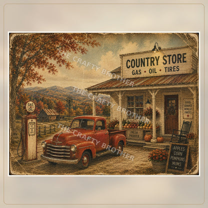 Vintage autumn country store with red pickup truck, old gas pump, mountains and pumpkins