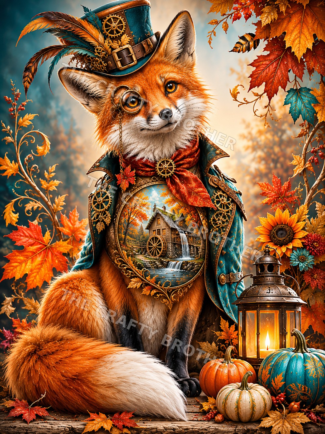 Steampunk fox with teal top hat, autumn watermill, pumpkins and glowing lantern