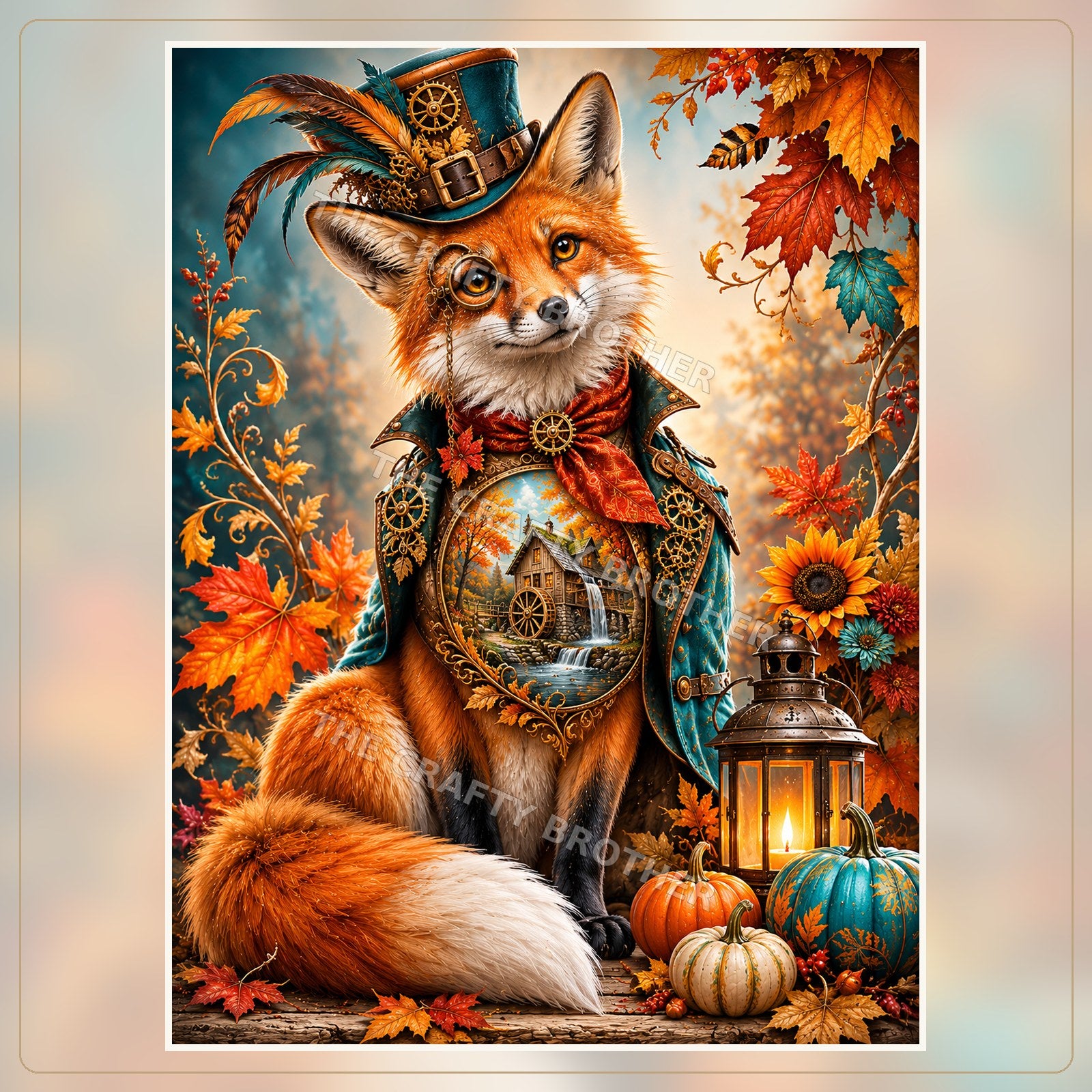 Steampunk fox with teal top hat, autumn watermill, pumpkins and glowing lantern