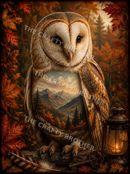 Ornate barn owl with autumn leaves, mountain landscape, vintage lantern and key
