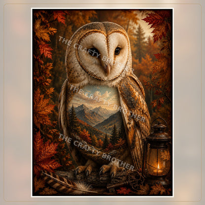 Ornate barn owl with autumn leaves, mountain landscape, vintage lantern and key