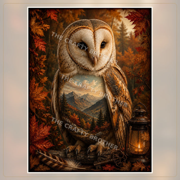 Ornate barn owl with autumn leaves, mountain landscape, vintage lantern and key