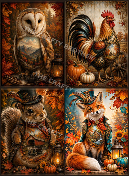 Four-panel autumn animal collage with owl, rooster, squirrel and fox