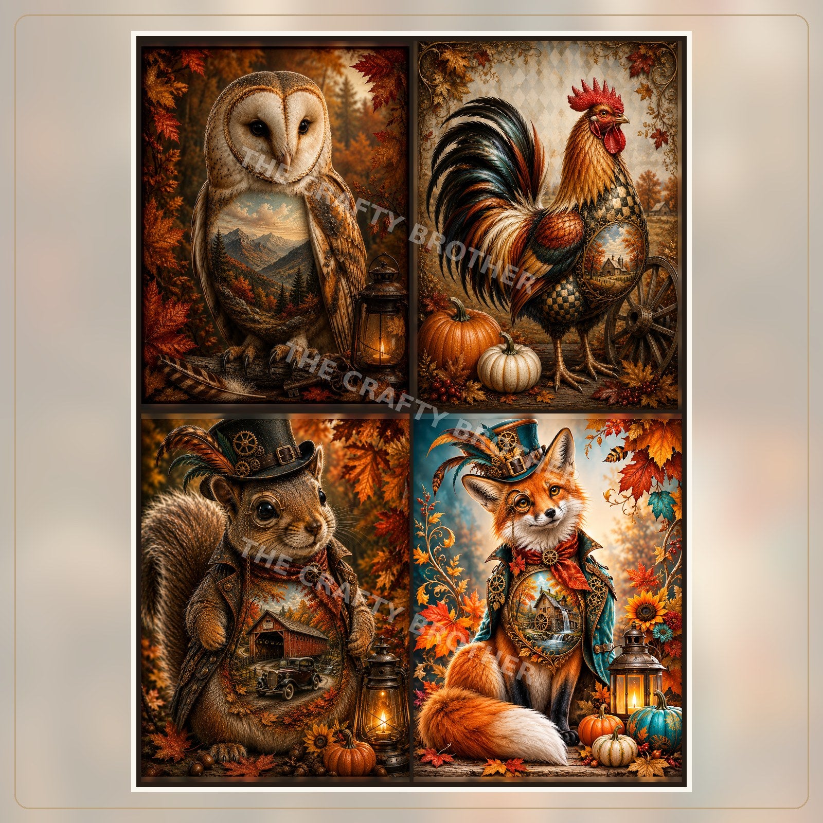 Four-panel autumn animal collage with owl, rooster, squirrel and fox