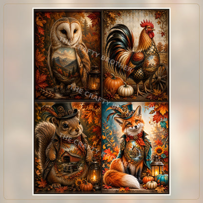 Four-panel autumn animal collage with owl, rooster, squirrel and fox