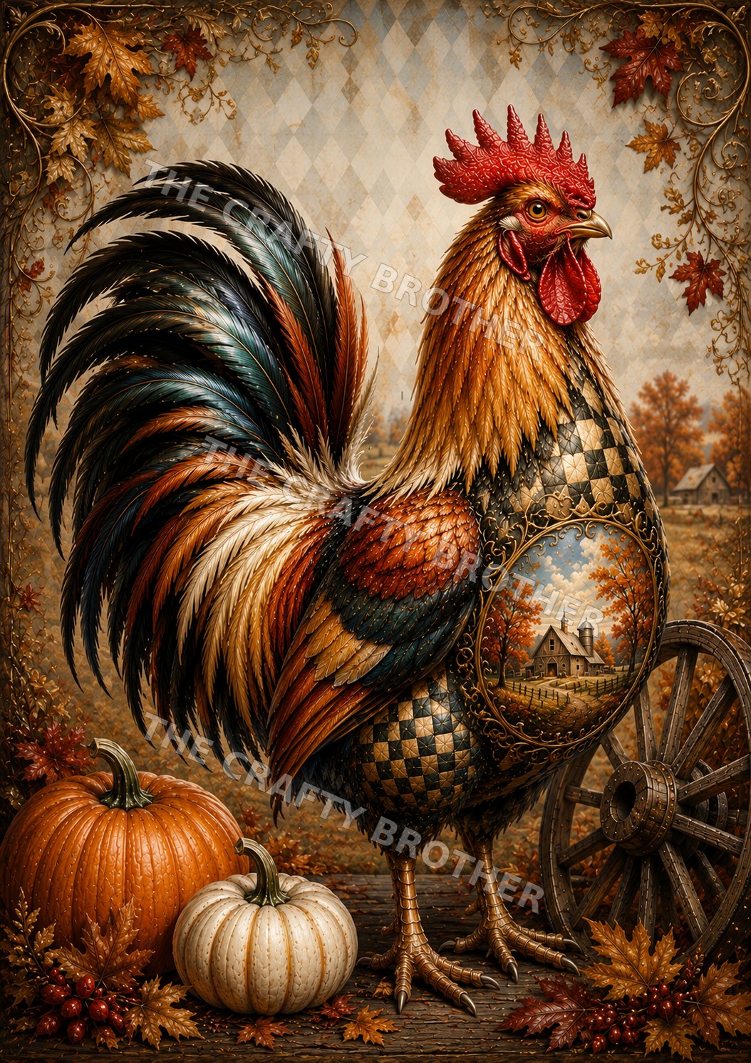 Autumn rooster with pumpkins, ornate details, farm scene and wagon wheel