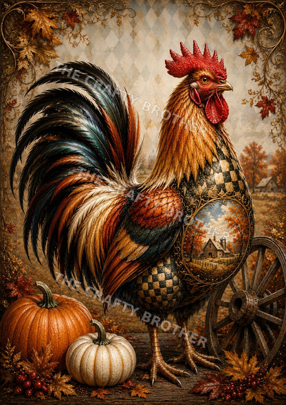 Autumn rooster with pumpkins, ornate details, farm scene and wagon wheel