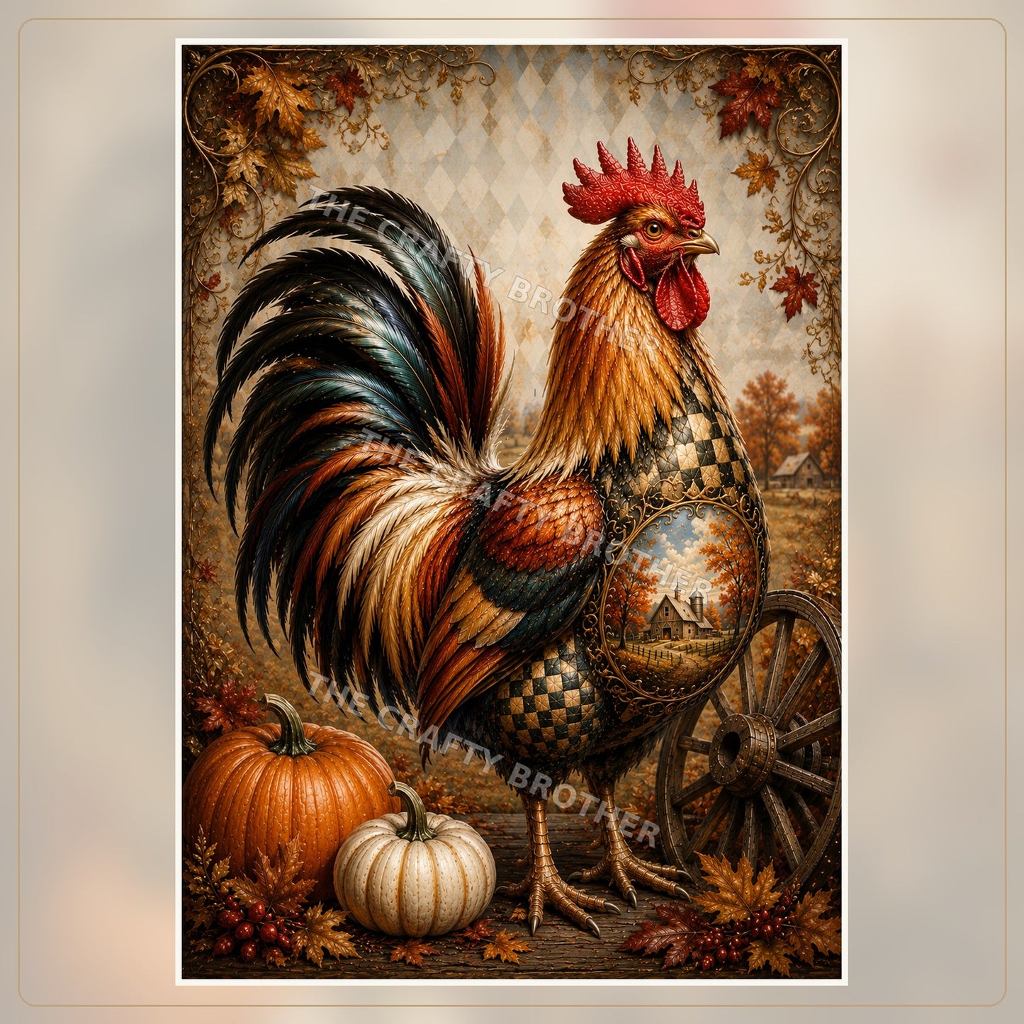 Autumn rooster with pumpkins, ornate details, farm scene and wagon wheel