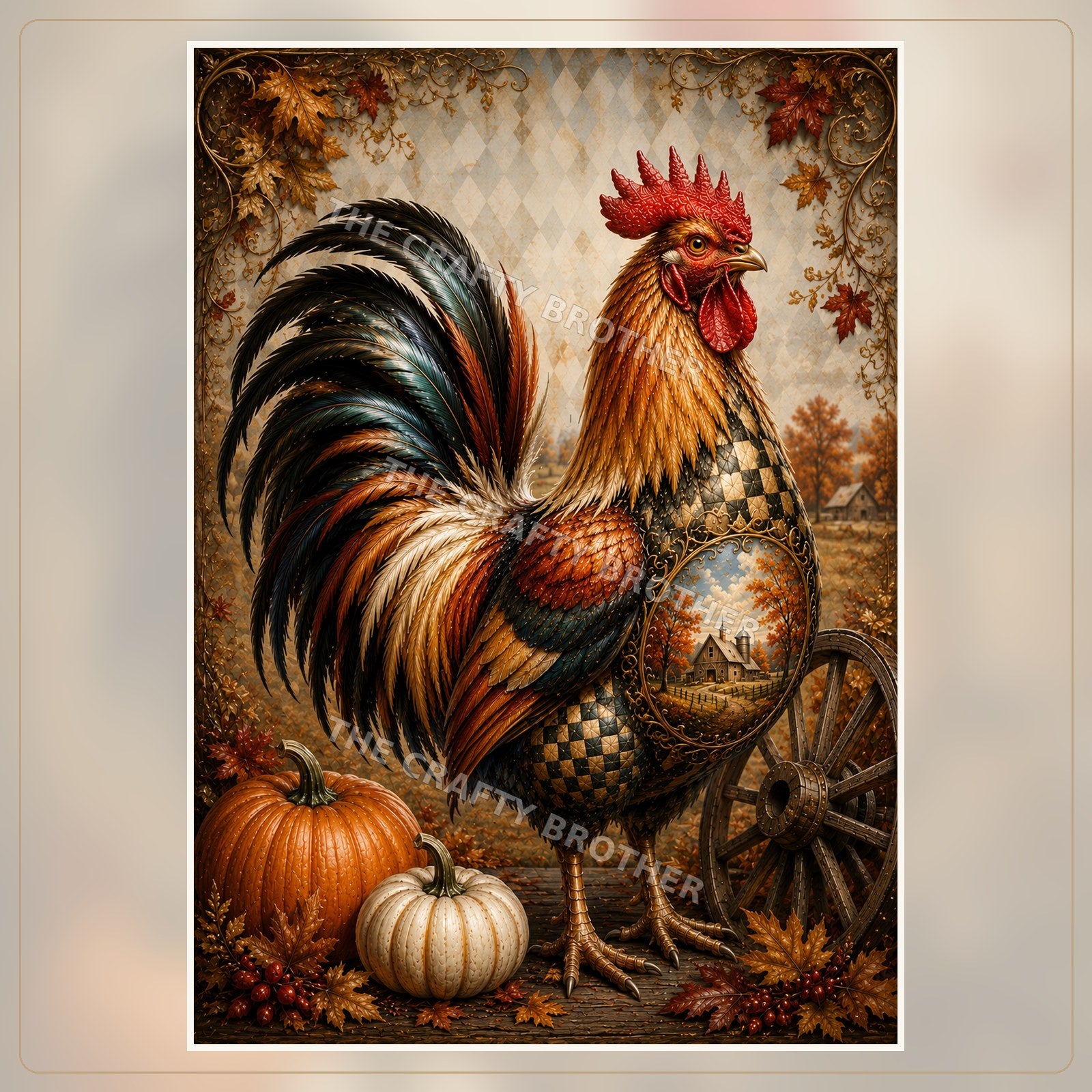 Autumn rooster with pumpkins, ornate details, farm scene and wagon wheel