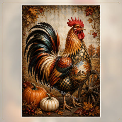 Autumn rooster with pumpkins, ornate details, farm scene and wagon wheel