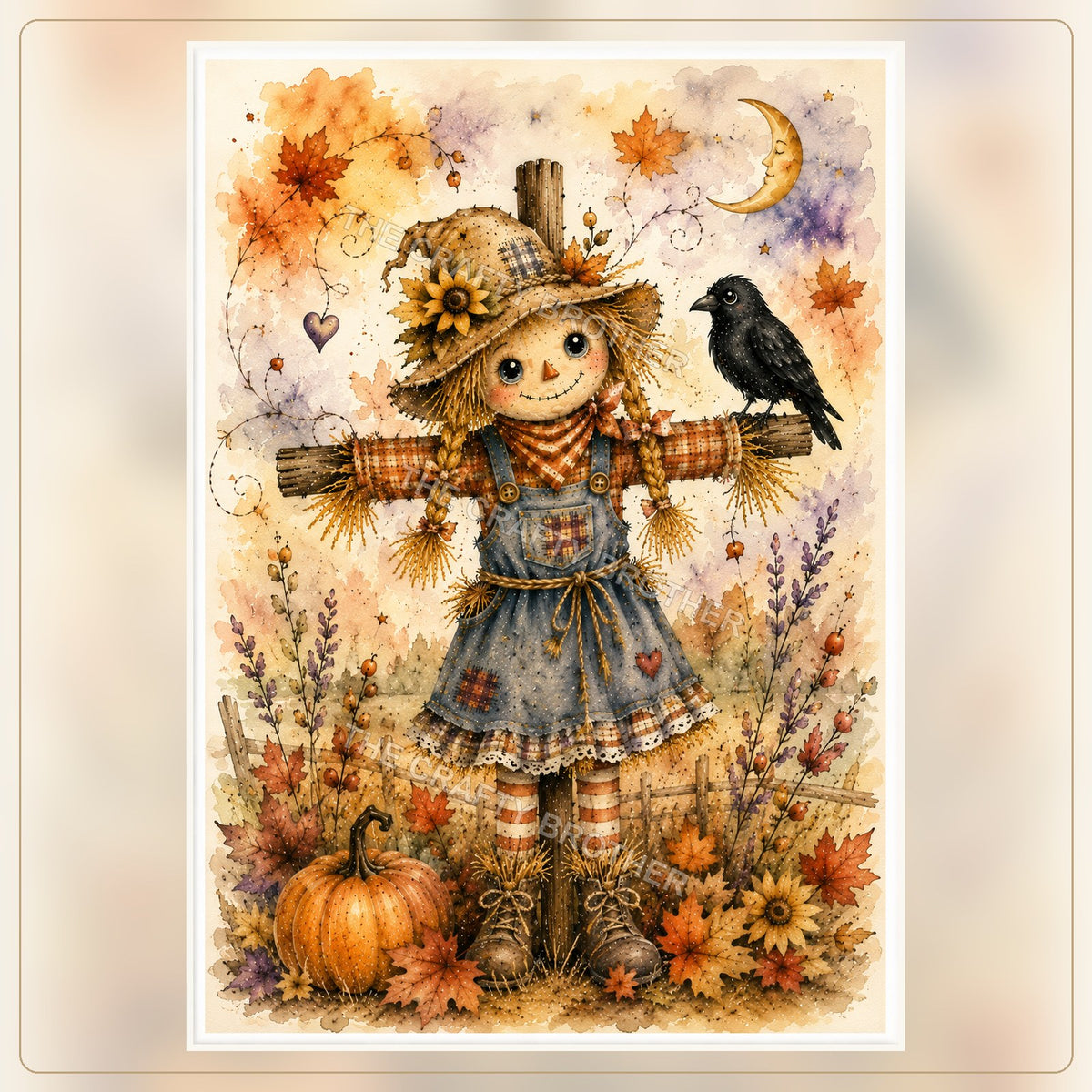 Whimsical girl scarecrow with braids, black crow, crescent moon, pumpkin and autumn leaves