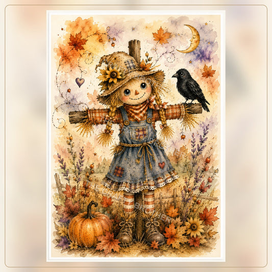 Whimsical girl scarecrow with braids, black crow, crescent moon, pumpkin and autumn leaves