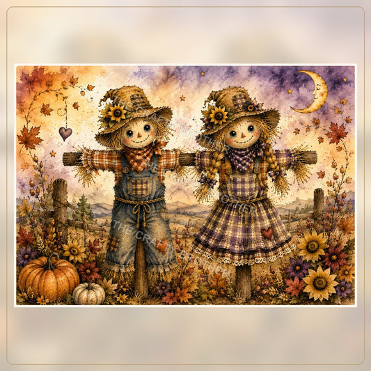 Whimsical autumn scarecrow couple with pumpkins, sunflowers, crescent moon and fall landscape