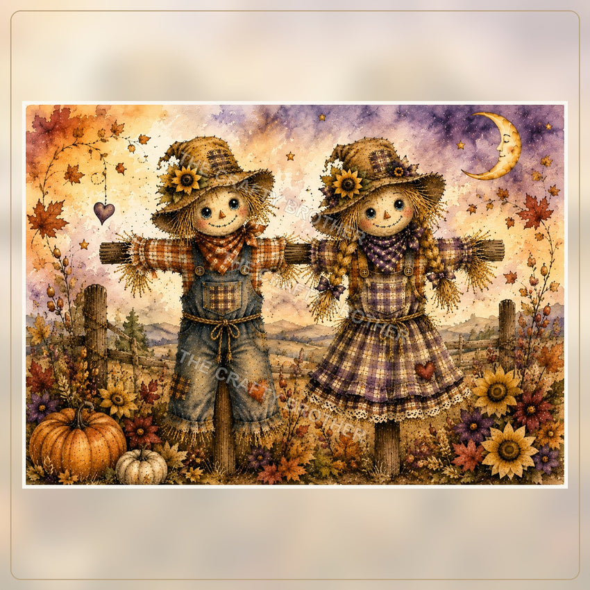 Whimsical autumn scarecrow couple with pumpkins, sunflowers, crescent moon and fall landscape