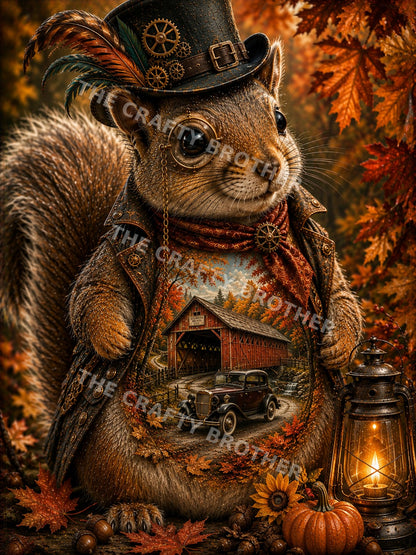 Steampunk squirrel with top hat, covered bridge, vintage car, lantern and autumn leaves