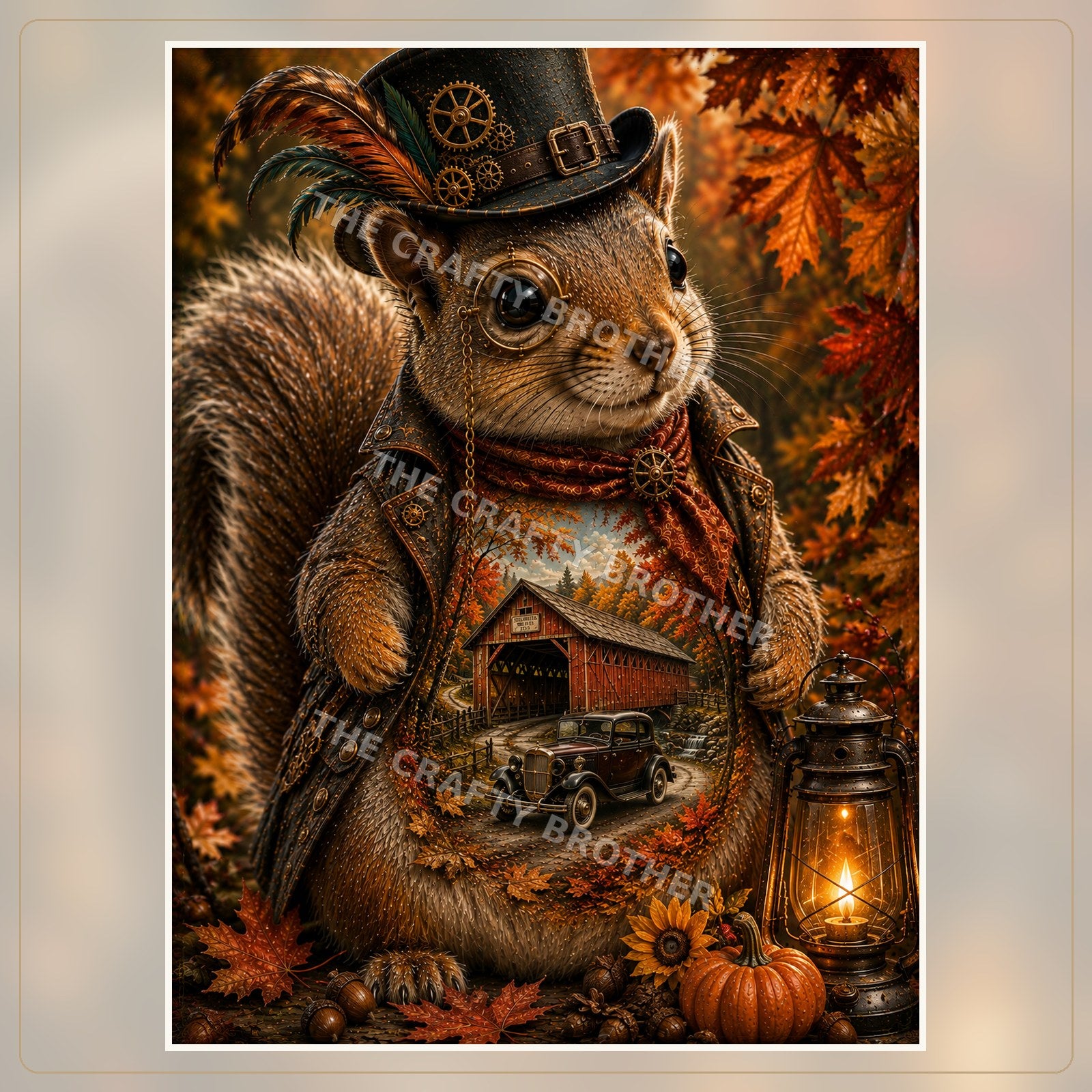Steampunk squirrel with top hat, covered bridge, vintage car, lantern and autumn leaves
