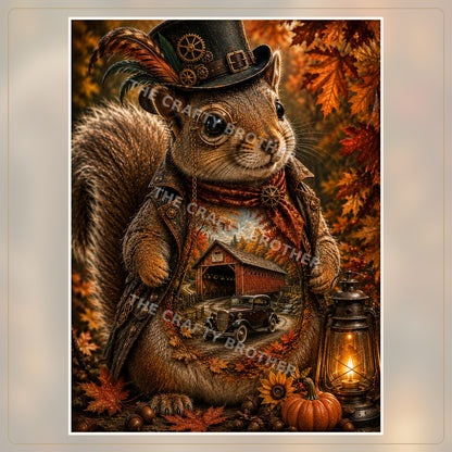 Steampunk squirrel with top hat, covered bridge, vintage car, lantern and autumn leaves