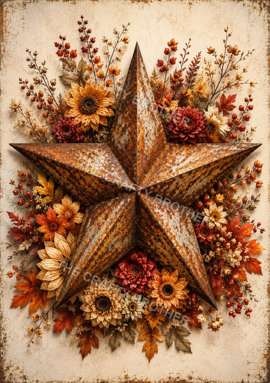 Weathered metal barn star surrounded by sunflowers, autumn flowers, berries and fall leaves