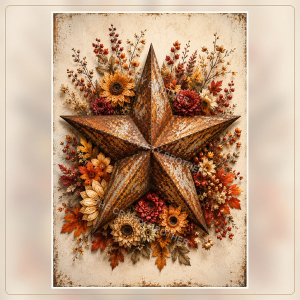 Weathered metal barn star surrounded by sunflowers, autumn flowers, berries and fall leaves