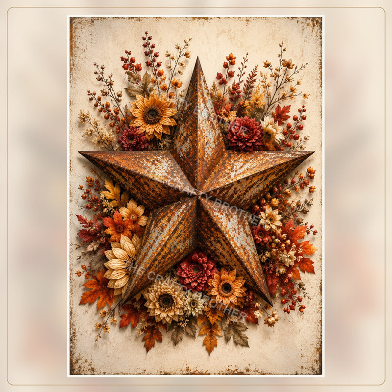 Weathered metal barn star surrounded by sunflowers, autumn flowers, berries and fall leaves