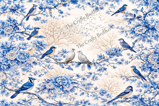 Blue Flowers, Bright Skies, Beautiful Birds Landscape