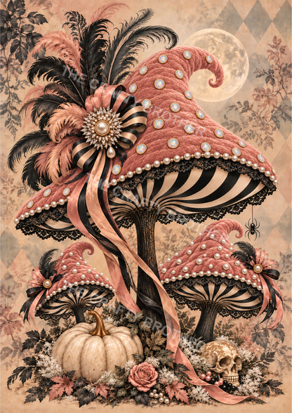 Ornate pink and black mushroom artwork.