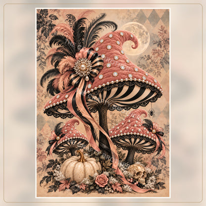 Ornate pink and black mushroom artwork.