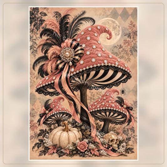 Ornate pink and black mushroom artwork.