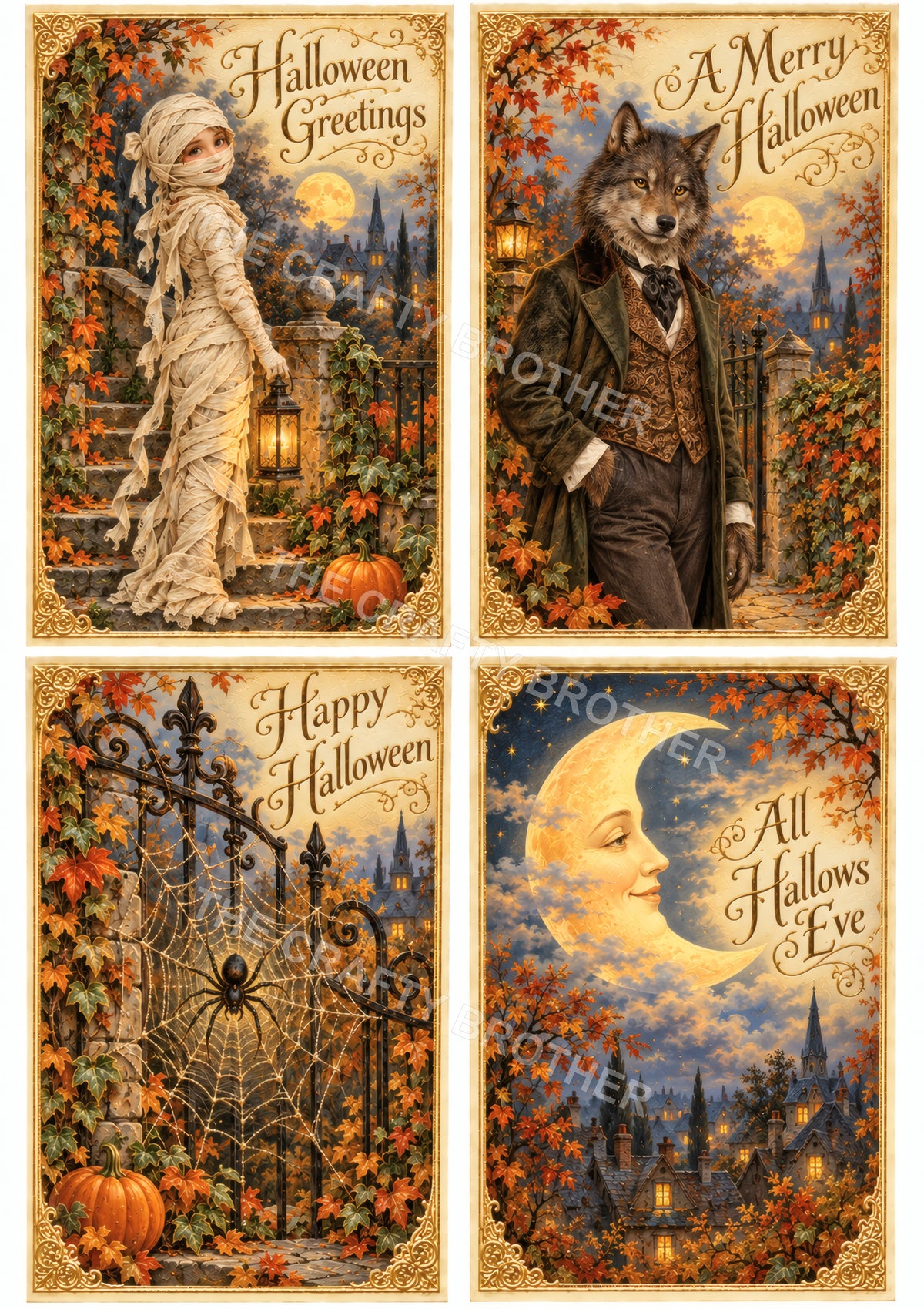 Vintage Halloween Mummy, Werewolf, Spider and Moon Postcards.