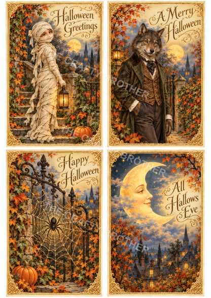 Vintage Halloween Mummy, Werewolf, Spider and Moon Postcards.