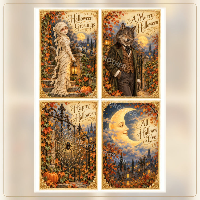 Vintage Halloween Mummy, Werewolf, Spider and Moon Postcards.