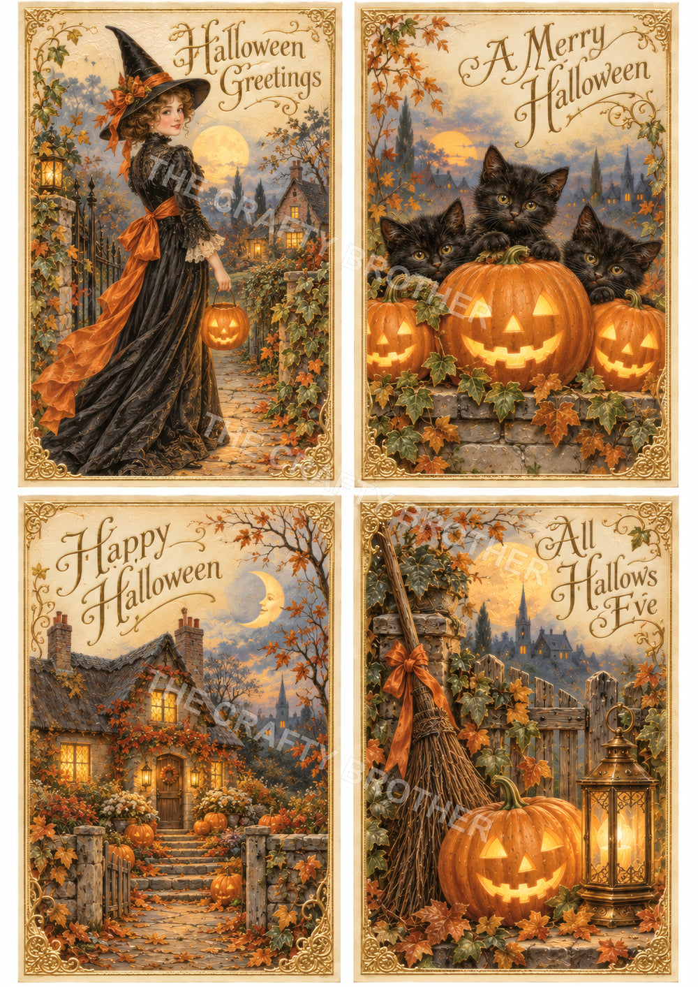 Vintage Halloween Witch, Black Cats and Cottage Postcards