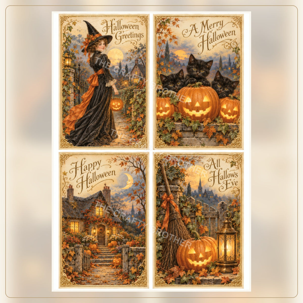 Vintage Halloween Witch, Black Cats and Cottage Postcards.
