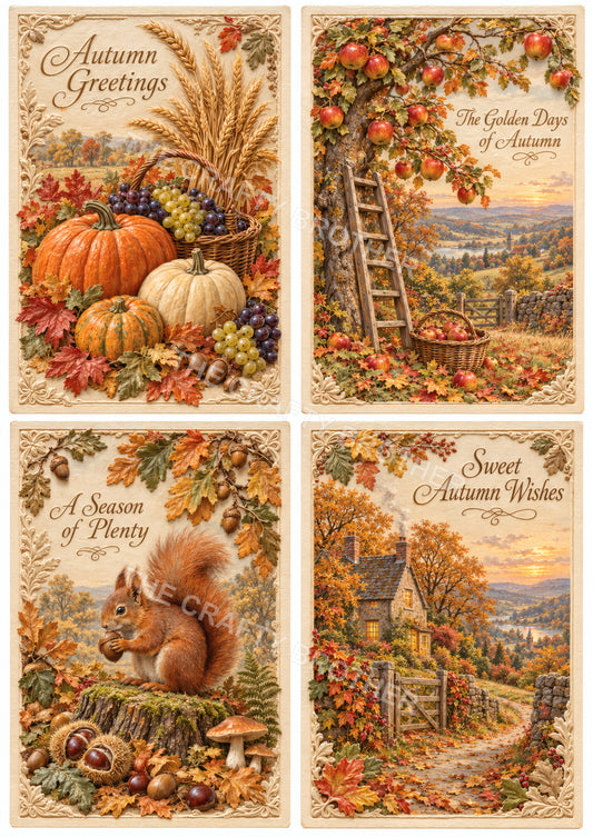 Embossed Autumn Harvest, Orchard and Squirrel Postcards.