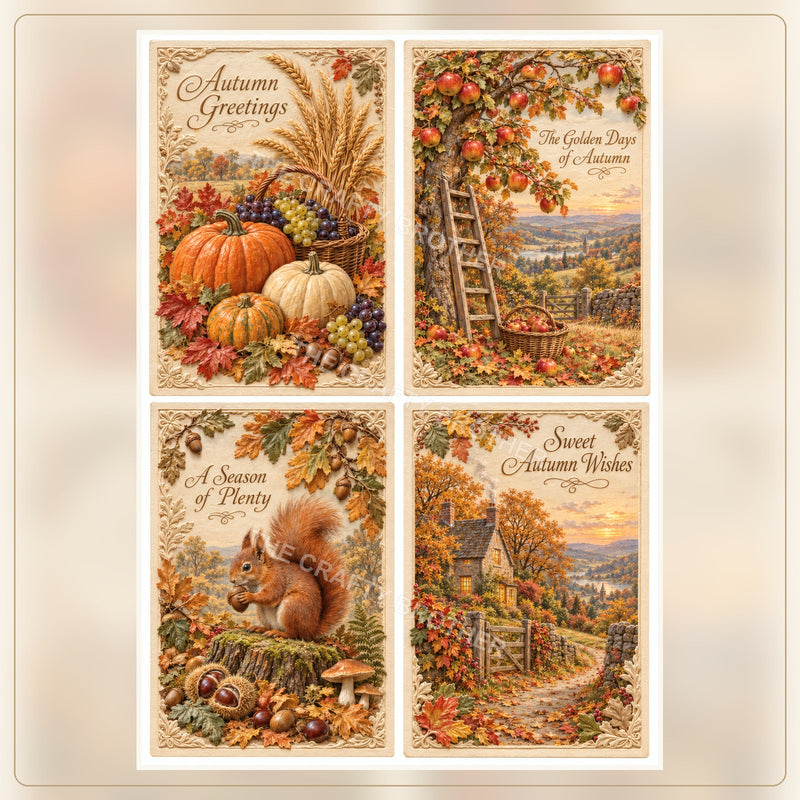 Embossed Autumn Harvest, Orchard and Squirrel Postcards.