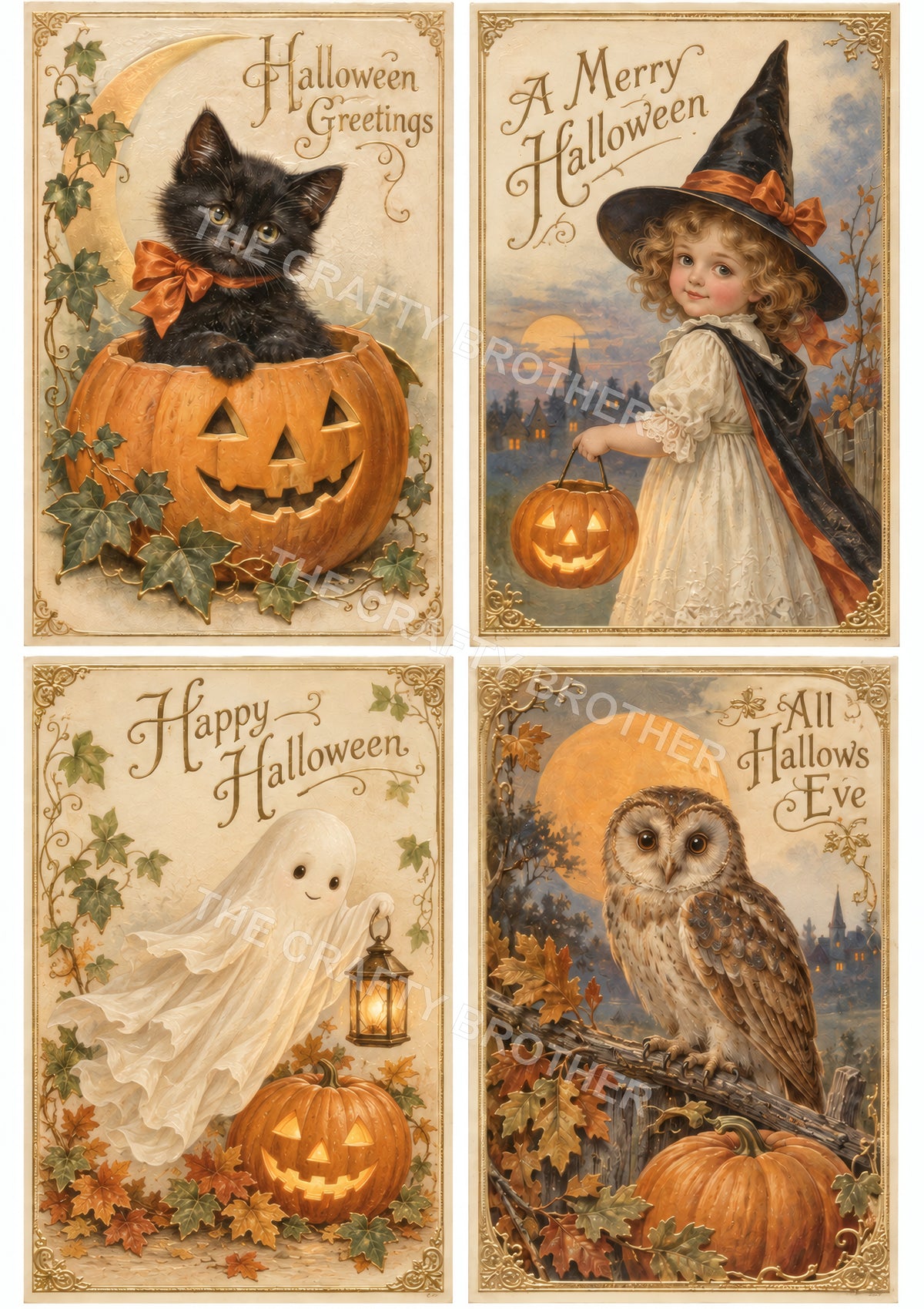 Vintage Halloween Kitten, Little Witch, Ghost and Owl Postcards.