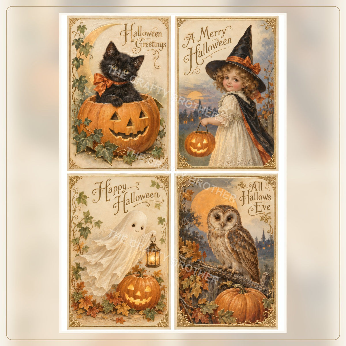 Vintage Halloween Kitten, Little Witch, Ghost and Owl Postcards.
