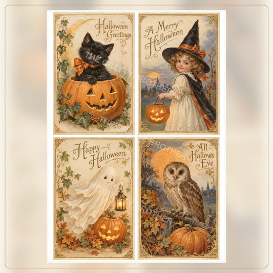 Vintage Halloween Kitten, Little Witch, Ghost and Owl Postcards.