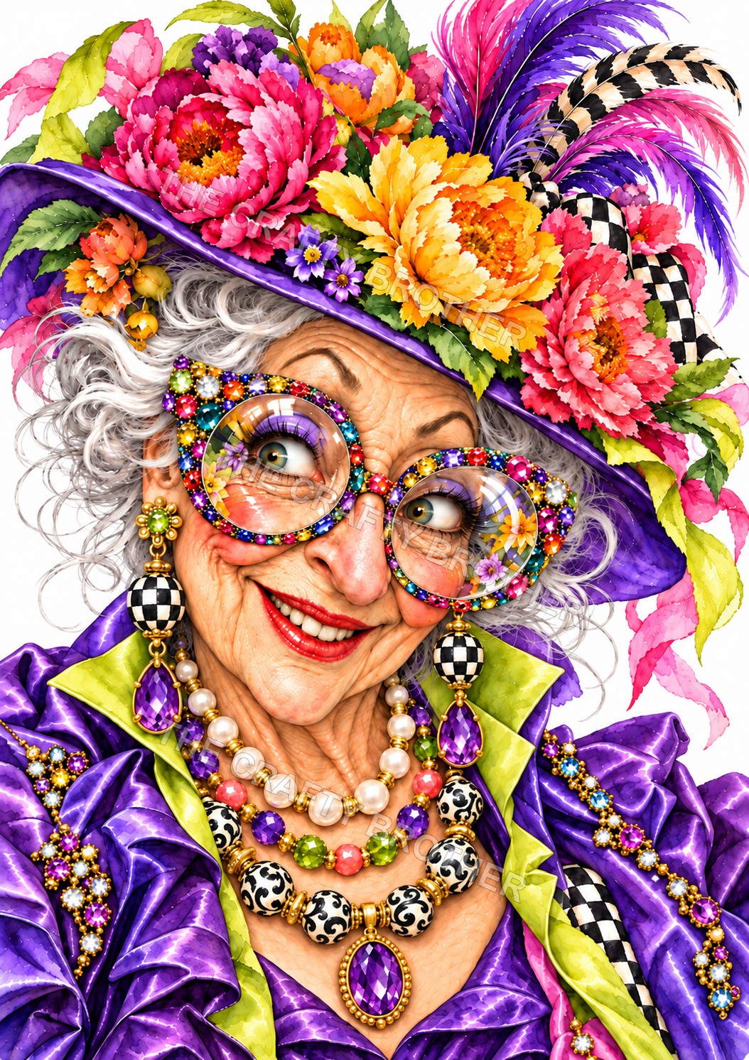 A smiling silver-haired lady wears sparkling jeweled glasses, a purple floral hat with bright feathers, and a purple jacket with lime accents.