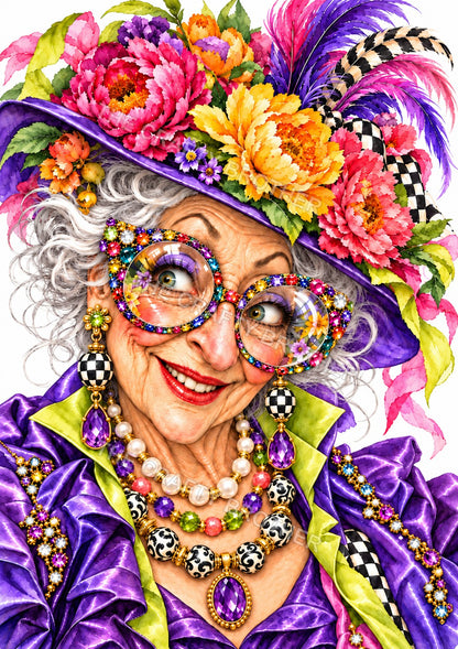 A smiling silver-haired lady wears sparkling jeweled glasses, a purple floral hat with bright feathers, and a purple jacket with lime accents.