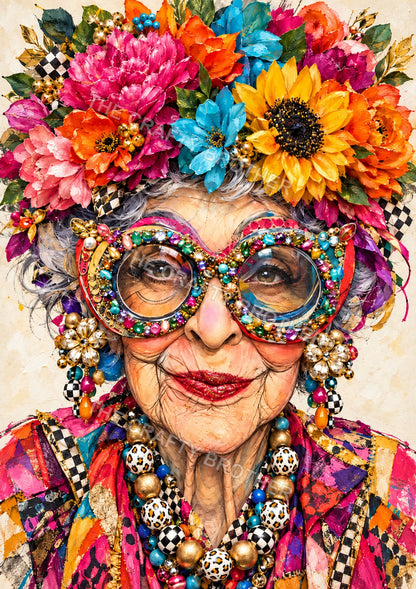 A silver-haired lady wears oversized jeweled glasses, a vibrant crown of sunflowers and colorful blooms, and a richly patterned patchwork jacket.