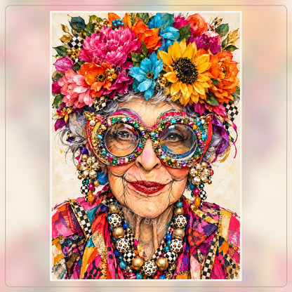 A silver-haired lady wears oversized jeweled glasses, a vibrant crown of sunflowers and colorful blooms, and a richly patterned patchwork jacket.