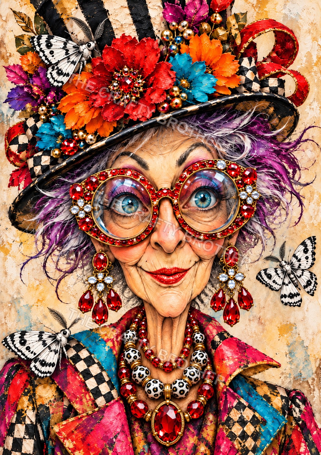 A blue-eyed silver-haired lady wears a tall checkered floral hat, red jeweled glasses and earrings, with black-and-white butterflies around her.